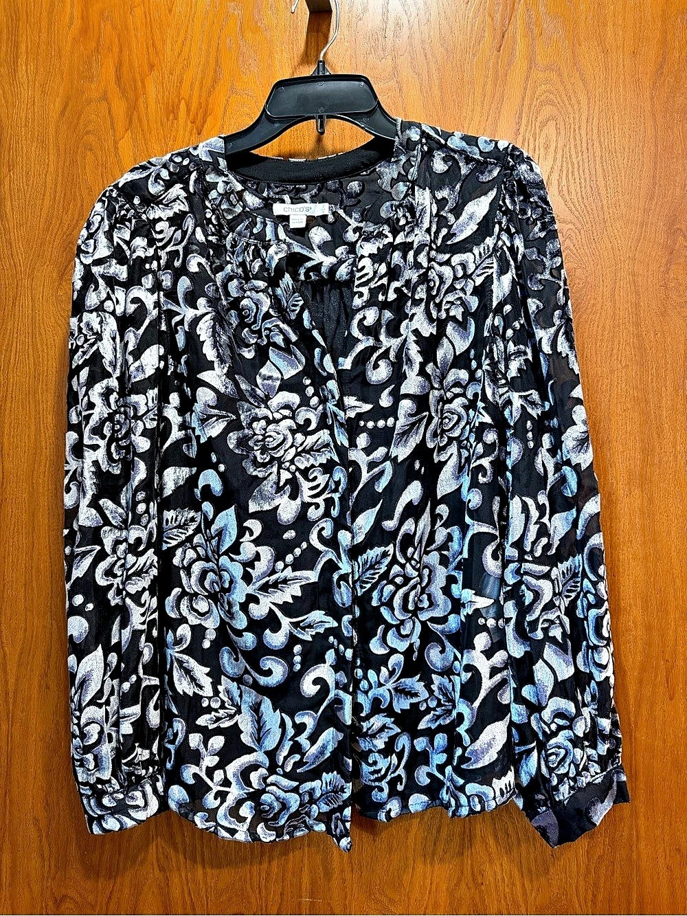 Chico's Floral Long Sleeve Blouse Black, Silver & Purple hue. Size Medium.